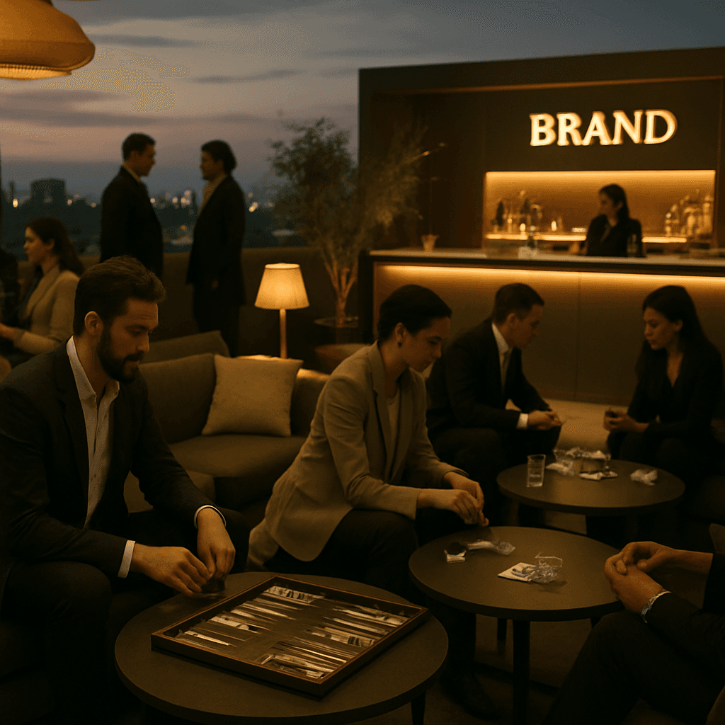 A branded game lounge activation at a rooftop event at dusk