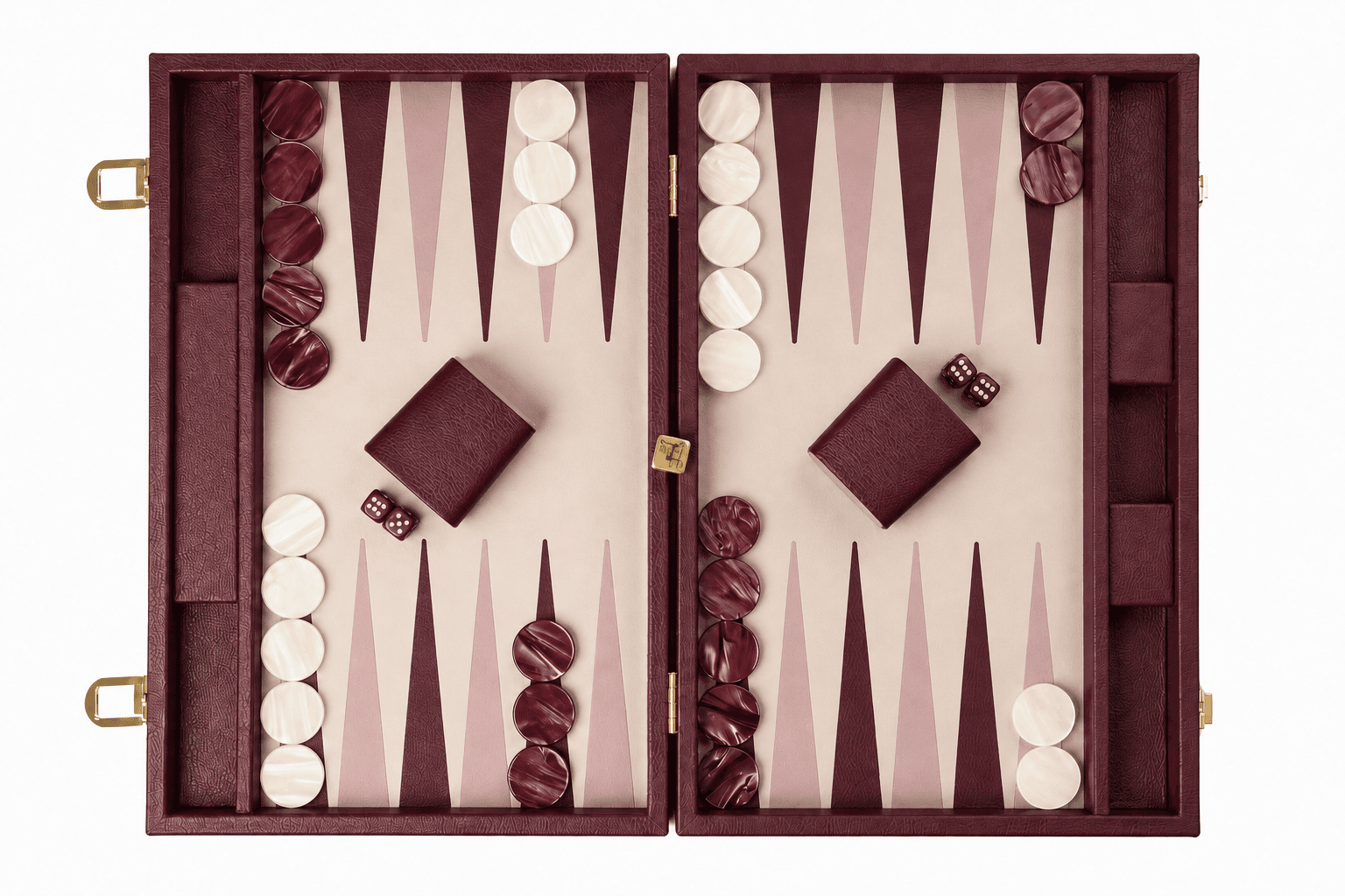 Claret leather backgammon set, open flat