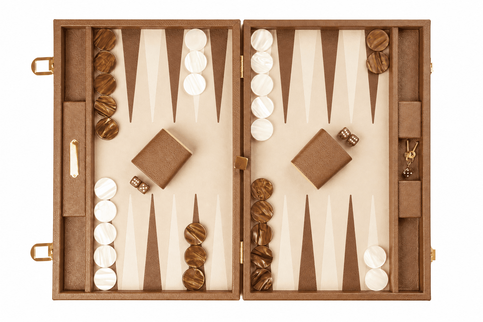 Camel leather backgammon set, open flat