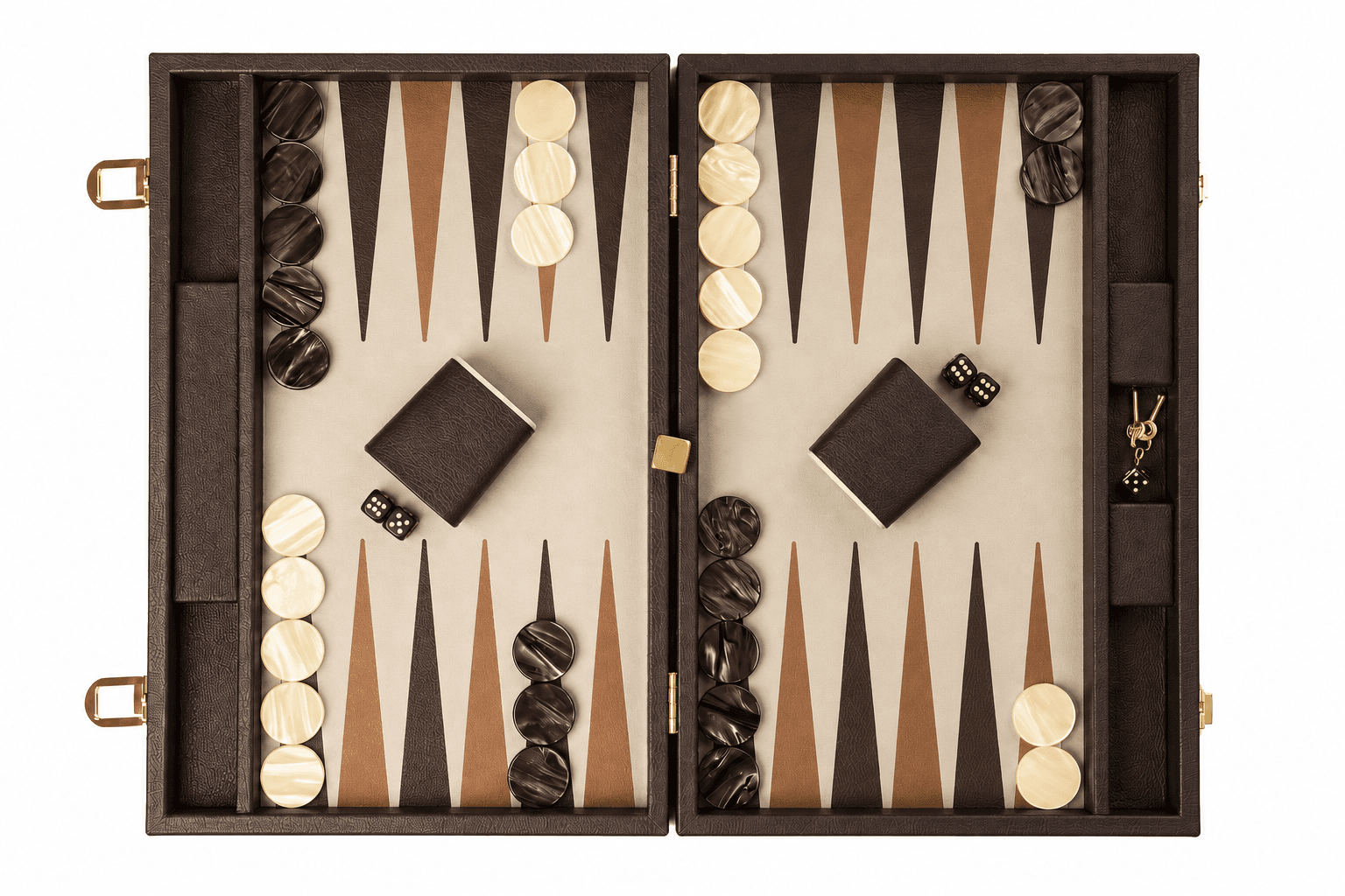 Espresso leather backgammon set, open flat