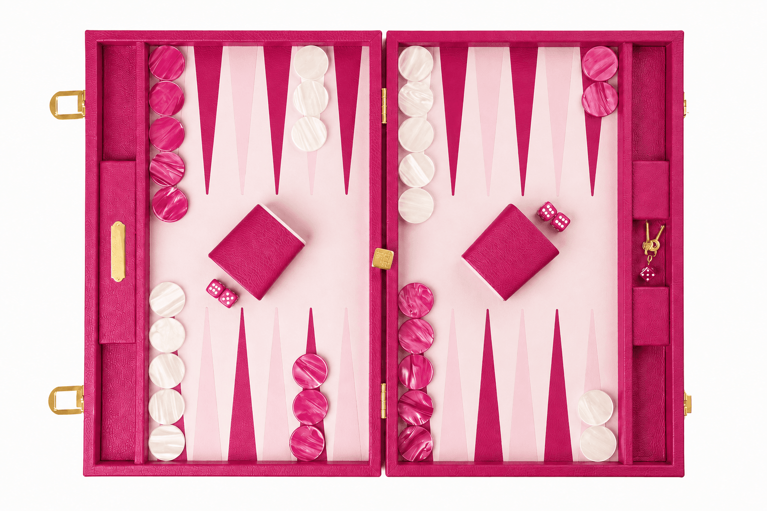 Magenta leather backgammon set, open flat
