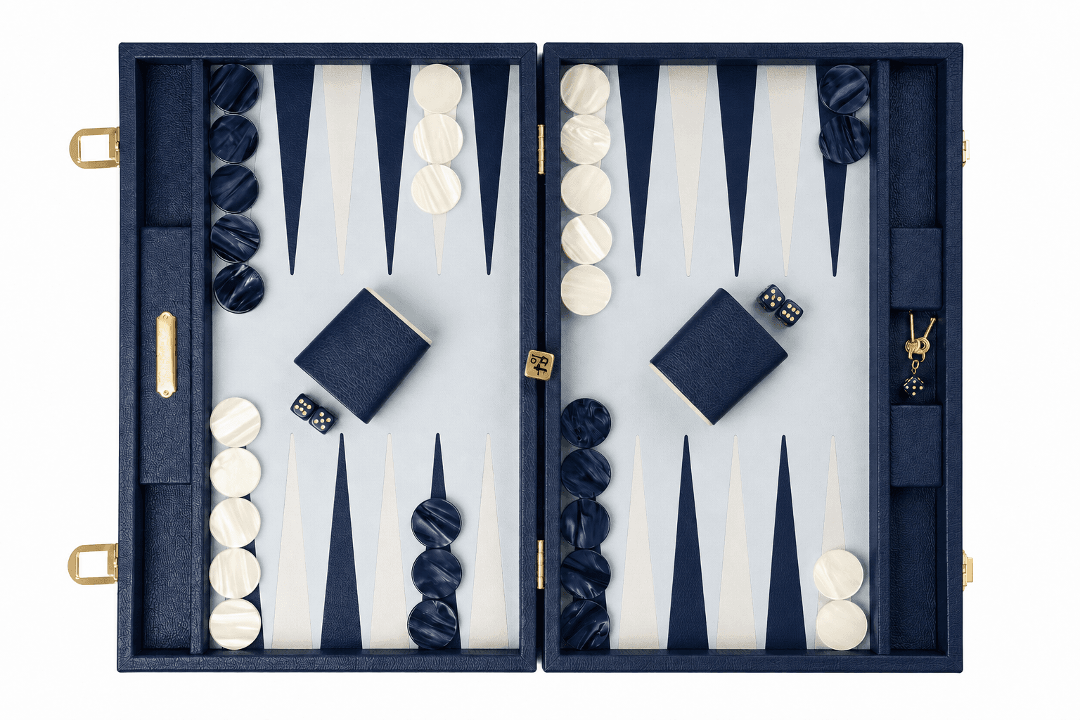 Navy leather backgammon set, open flat