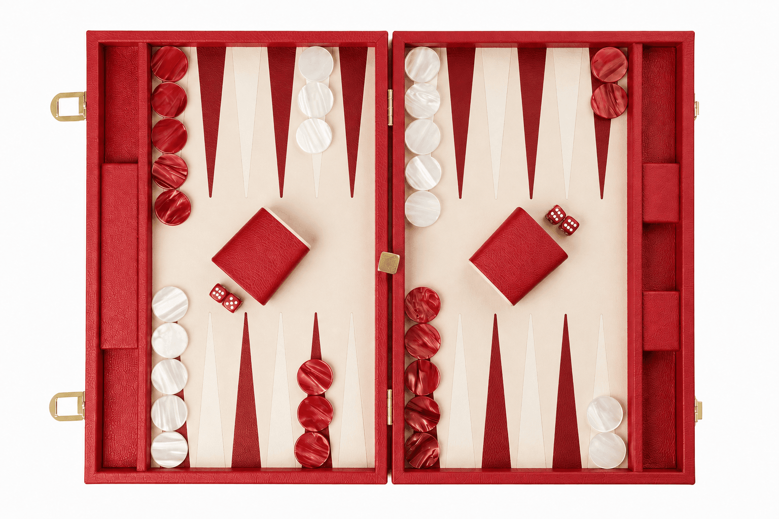 Signal Red leather backgammon set, open flat
