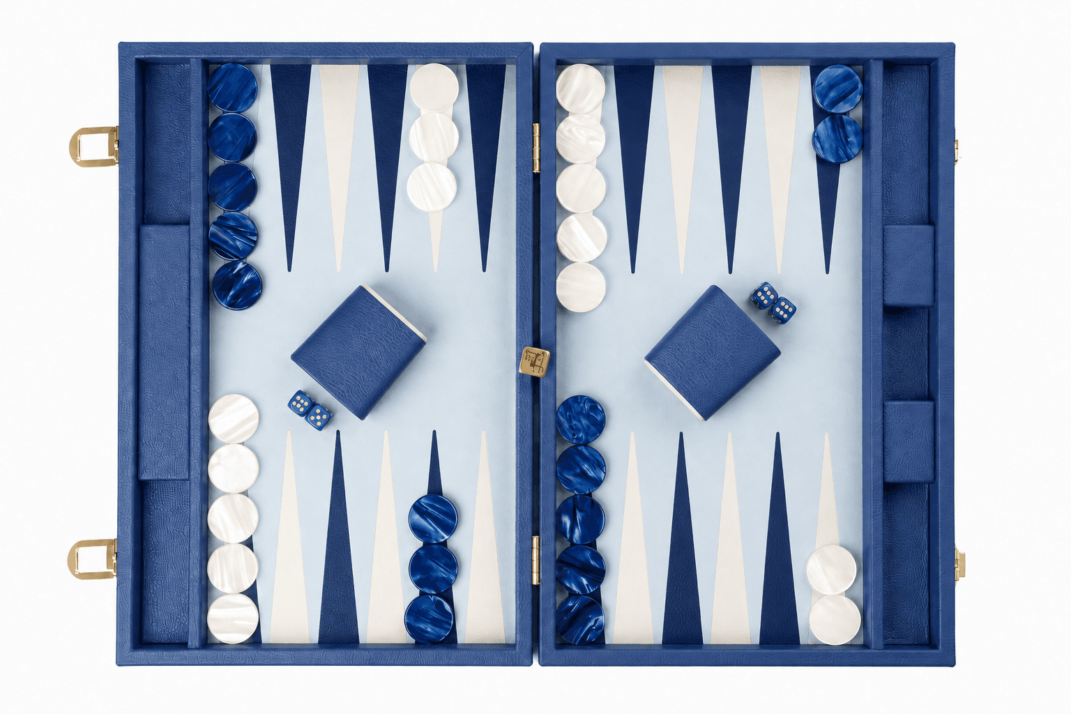 Royal Blue leather backgammon set, open flat