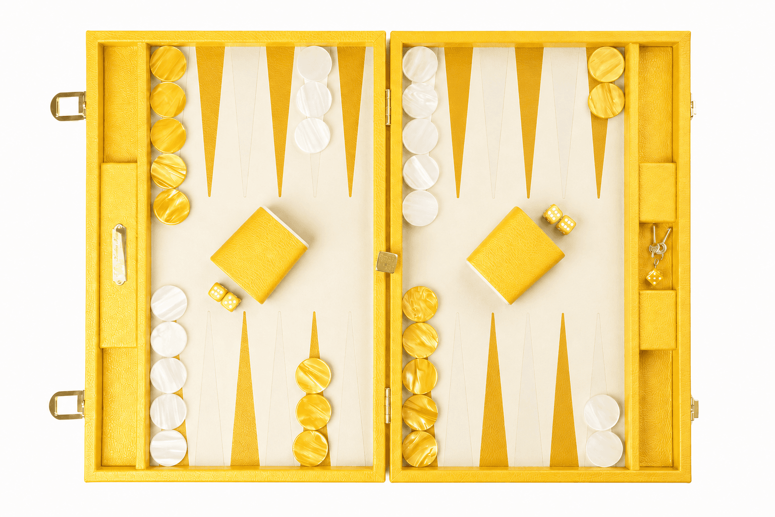 Saffron leather backgammon set, open flat
