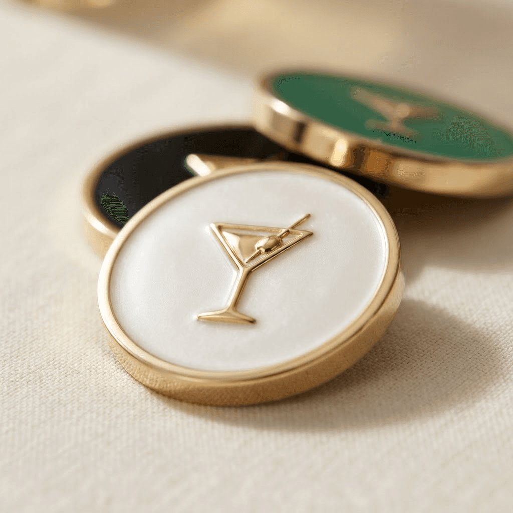 Macro view of a charm chip's brass edge, enamel face, and sculpted gold relief