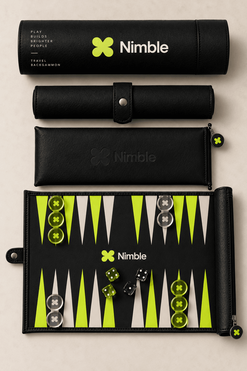 The signature roll-up set in Nimble livery — black leather tube and pouch with a lime-green clover mark and a lime-and-cream backgammon board