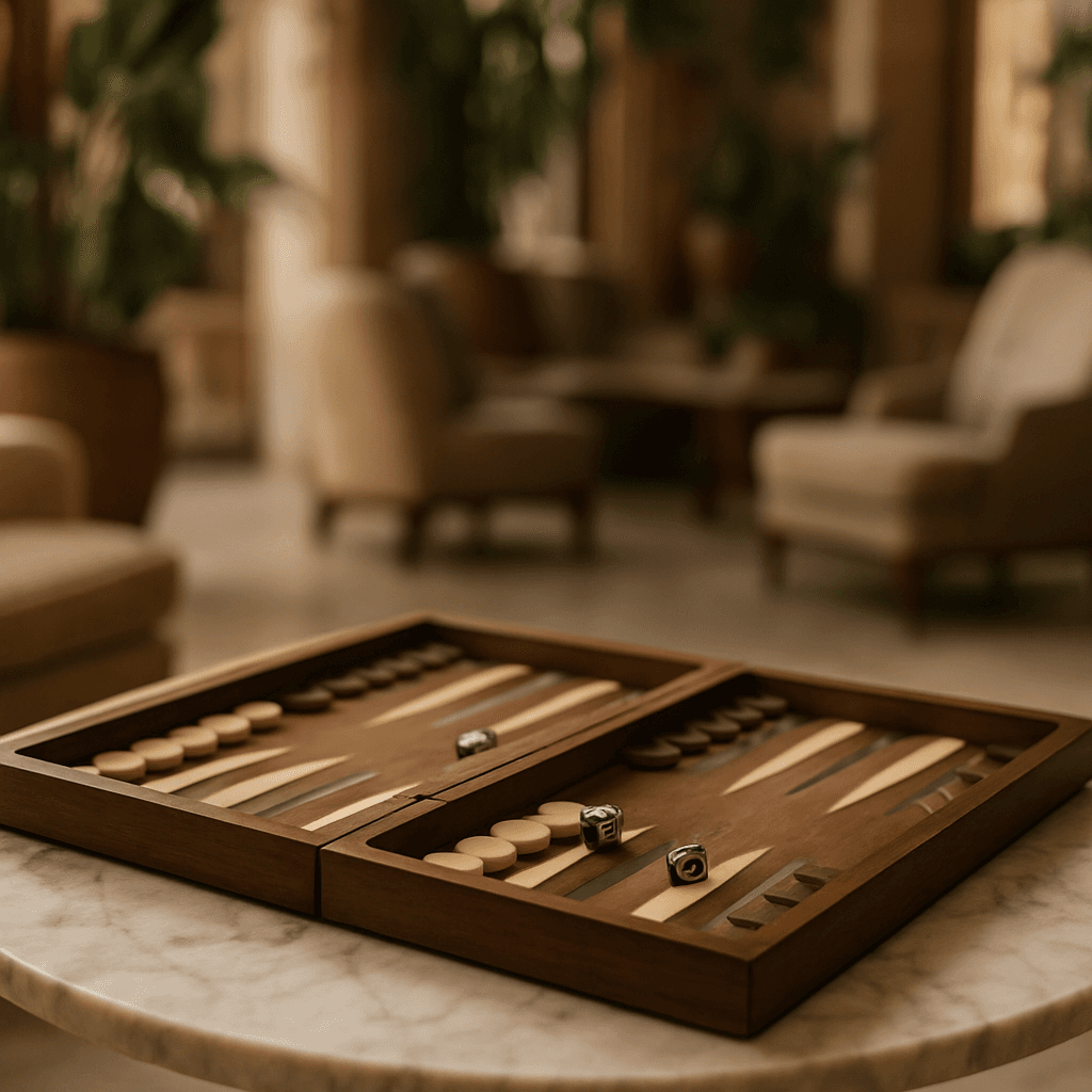 Custom backgammon set staged on a marble table in a boutique hotel lounge