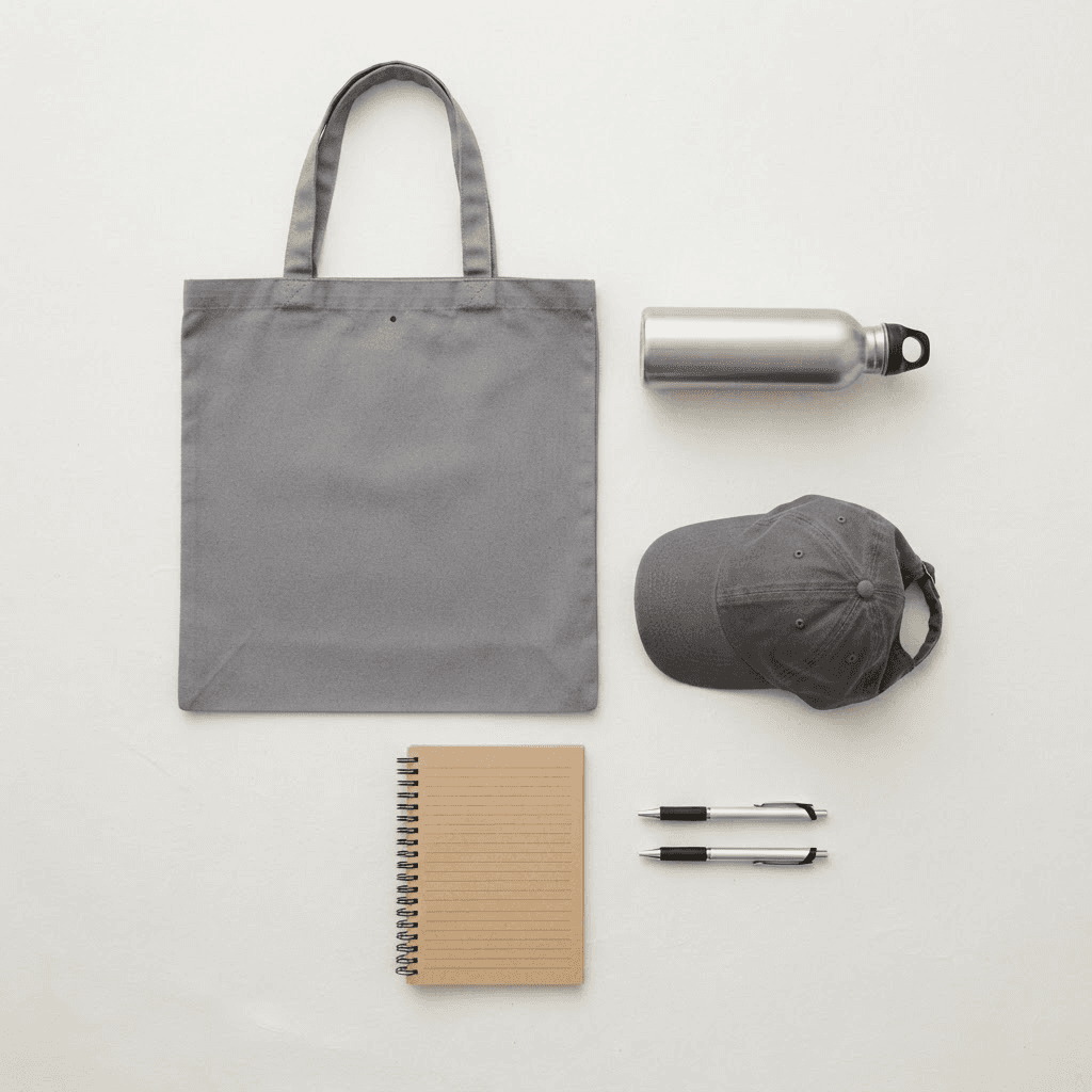 A pile of generic corporate swag — a plain tote bag, water bottle, cap, notebook and pens
