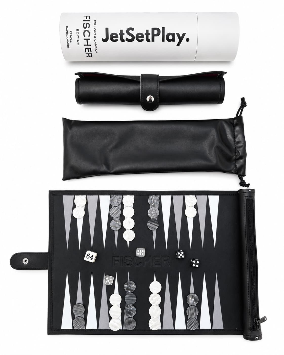 Fischer edition travel backgammon on white: the white JetSetPlay Fischer Edition tube, a black rolled leather case, a black pouch and the open black, white and grey board embossed FISCHER