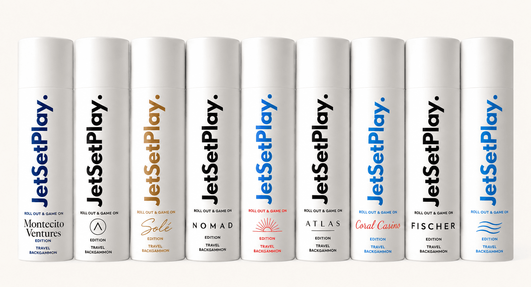 Nine custom JetSetPlay game tubes with distinct brand colors and identities