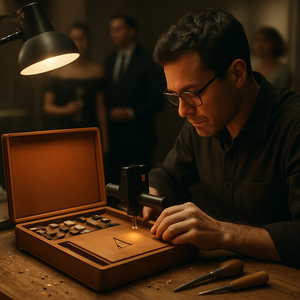 An artisan personalizing a leather game set with a live laser engraver