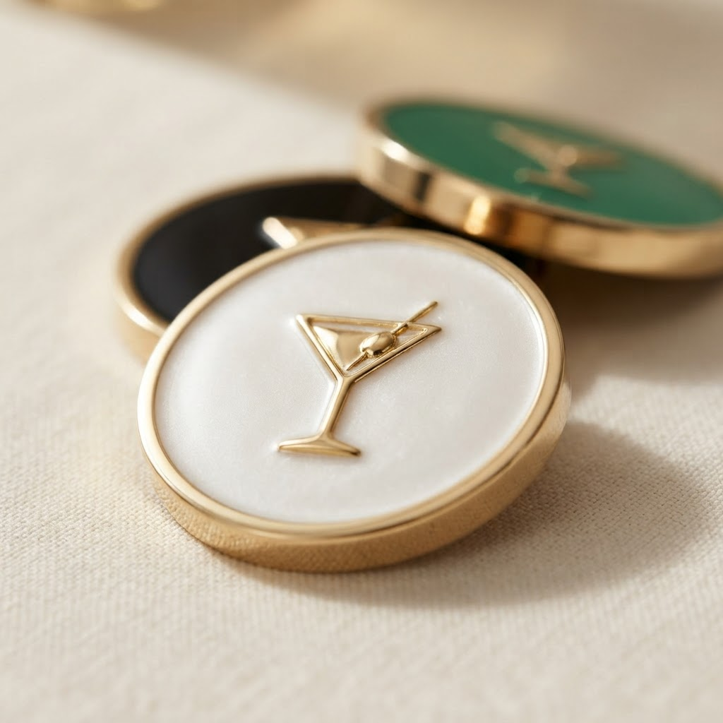 Macro view of a charm chip's brass edge, enamel face, and sculpted gold relief