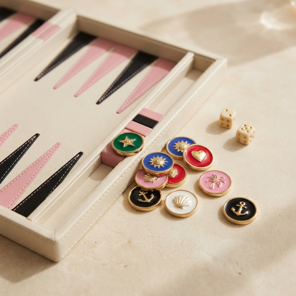 A cream leather backgammon board beside a collection of brass-and-enamel charm chips styled like fine jewelry