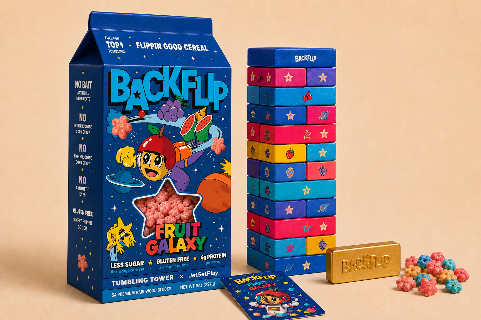Custom tumbling tower Edition with branded cereal-carton packaging and printed hardwood blocks