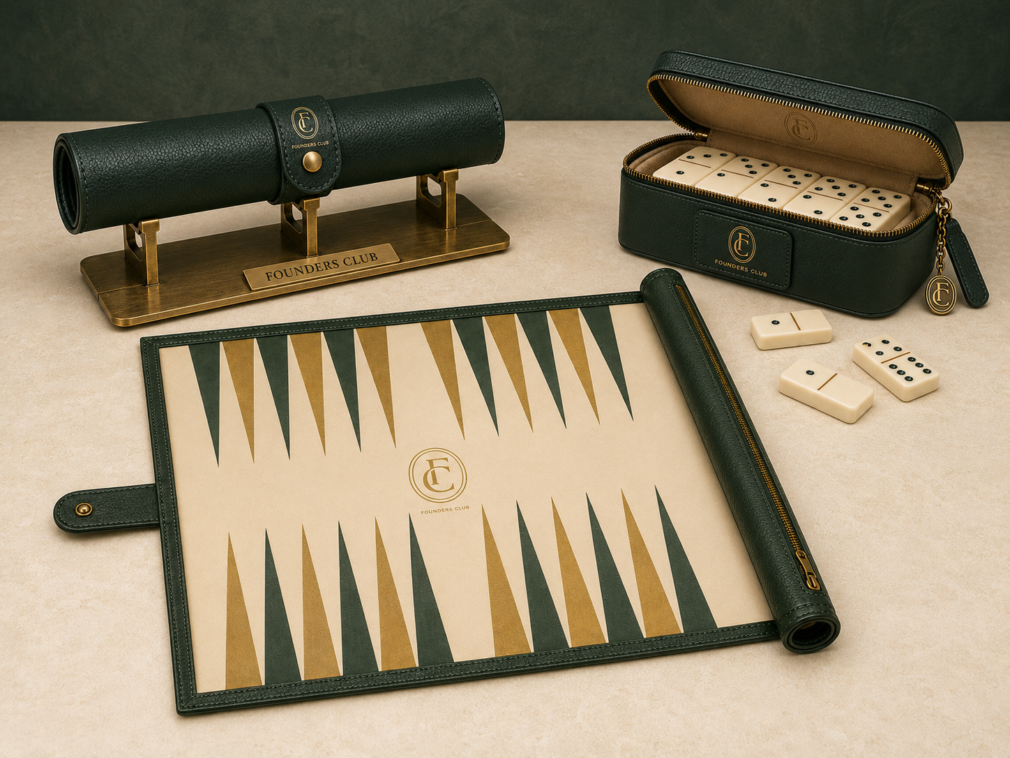 Green and gold backgammon board rolled beside a brass stand and matching domino case