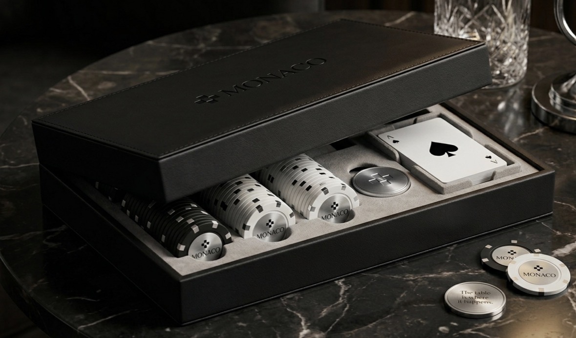 Custom leather poker Edition with chips and cards, developed as a limited drop