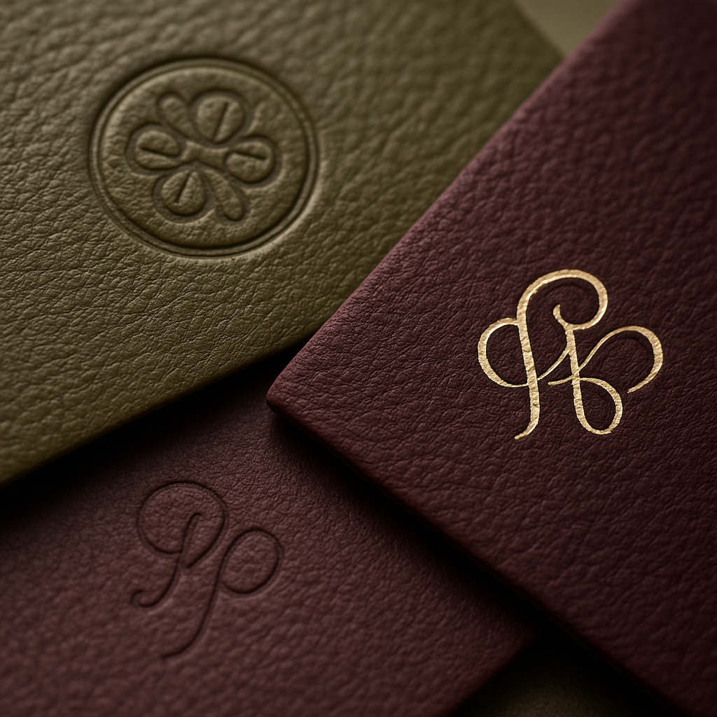 Close-up of debossing, gold-foil monogram, and laser engraving on leather