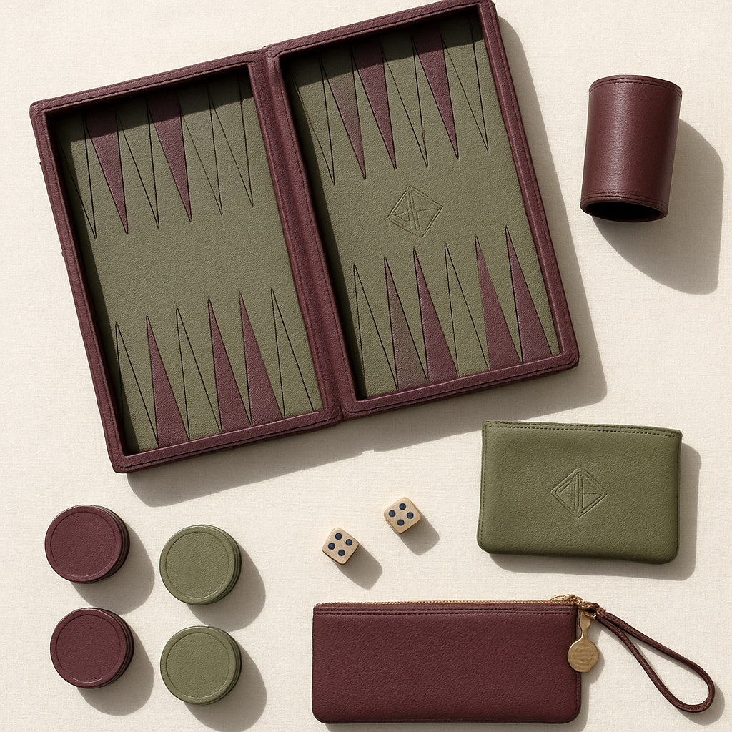 Open custom backgammon set styled flat-lay